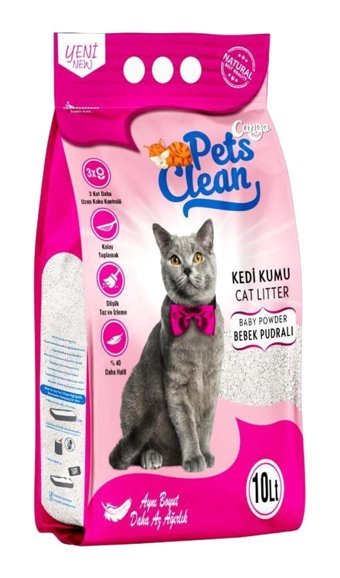 Pet's Clean Bebek Pudrası Kokulu Topaklanan İnce Taneli Bentonit Kedi Kumu 10 lt