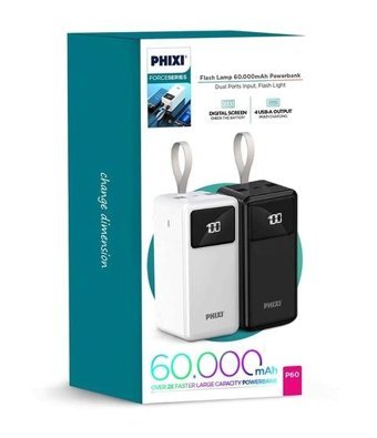 Phixi Force P60 60000 mAh Hızlı Şarj Mini USB Powerbank Beyaz