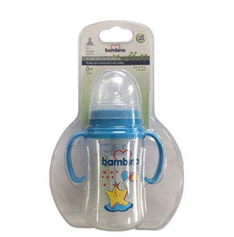 Bambino Silikon Yenidoğan Yavaş Akışlı Kulplu 0-6 Ay Desenli Mavi Biberon 250 ml