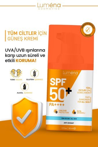 Luména Cosmetics 50 Faktör Tüm Ciltler İçin Nemlendirici Suya Dayanıklı Yüz Güneş Kremi 50 ml