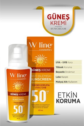 Wline 50 Faktör Tüm Ciltler İçin Leke Karşıtı Nemlendirici Suya Dayanıklı Yüz Güneş Kremi 125 ml