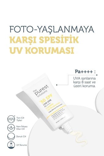 The Purest Solutions Sun 50 Faktör Tüm Ciltler İçin Leke Karşıtı Nemlendirici Yağsız Suya Dayanıklı Yüz ve Vücut Güneş Kremi 50 ml