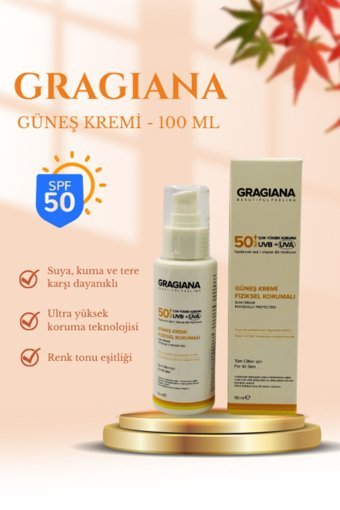 Gragiana 50 Faktör Tüm Ciltler İçin Nemlendirici Suya Dayanıklı Yüz Güneş Kremi 100 ml