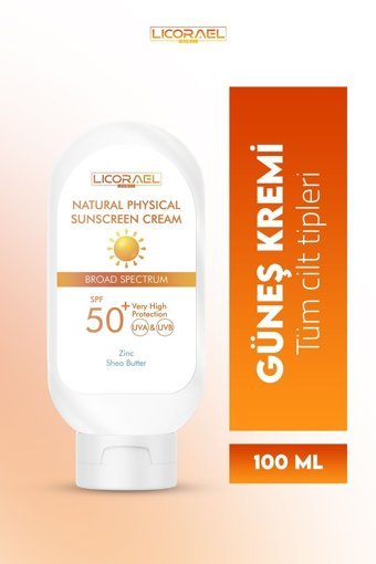 Licorael Dubai Dubai Natural Physıcal 50 Faktör Tüm Ciltler İçin Nemlendirici Suya Dayanıklı Yüz Güneş Kremi 100 ml