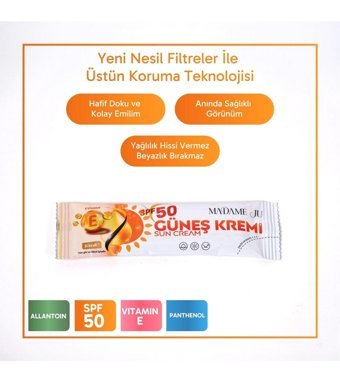 Madame Ju Sun Cream 50 Faktör Tüm Ciltler İçin Leke Karşıtı Nemlendirici Yaşlanma Karşıtı Yağsız Suya Dayanıklı Yüz ve Vücut Güneş Kremi 10 ml