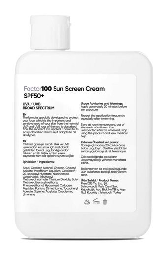 Factor100 Screen Cream 50 Faktör Tüm Ciltler İçin Leke Karşıtı Nemlendirici Yağsız Suya Dayanıklı Yüz ve Vücut Güneş Kremi 100 ml