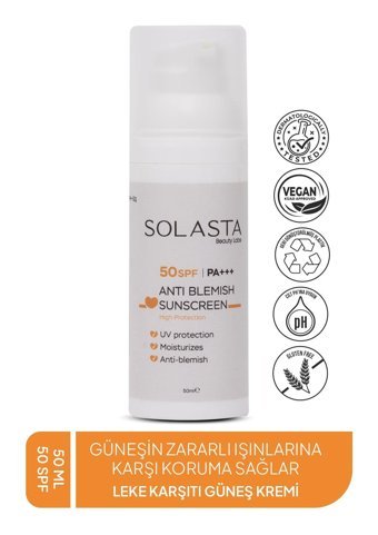 Solasta 50 Faktör Tüm Ciltler İçin Leke Karşıtı Nemlendirici Yağsız Suya Dayanıklı Yüz ve Vücut Güneş Kremi 50 ml