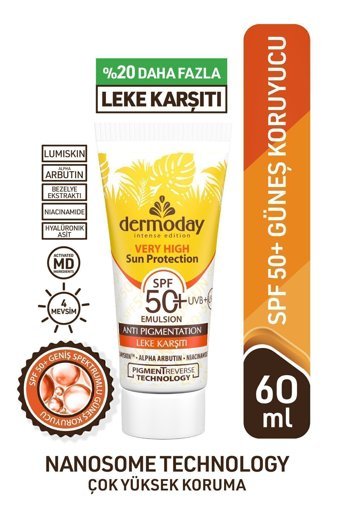 Dermoday 50 Faktör Tüm Ciltler İçin Leke Karşıtı Nemlendirici Yağsız Suya Dayanıklı Yüz ve Vücut Güneş Kremi 60 ml