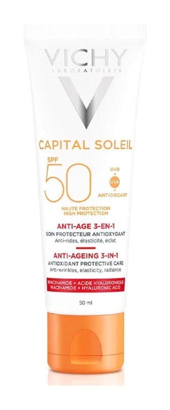 Vichy Capital Soleil 50 Faktör Tüm Ciltler İçin Nemlendirici Yaşlanma Karşıtı Suya Dayanıklı Yüz Güneş Kremi 50 ml