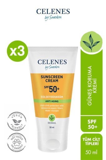 Celenes 50 Faktör Tüm Ciltler İçin Nemlendirici Yaşlanma Karşıtı Suya Dayanıklı Yüz Güneş Kremi 3x50 ml