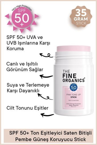 The Fine Organics Pink Tone-Up Stick Renkli 50 Faktör Tüm Ciltler İçin Leke Karşıtı Nemlendirici Aydınlatıcı Yağsız Suya Dayanıklı Yüz ve Vücut Güneş Kremi 50 ml