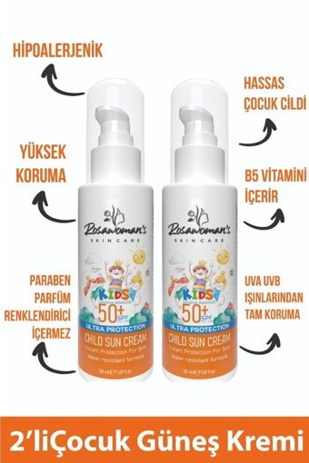 Rosawomans Skin Care 50 Faktör Tüm Ciltler İçin Leke Karşıtı Nemlendirici Yağsız Suya Dayanıklı Yüz ve Vücut Güneş Kremi 2x50 ml