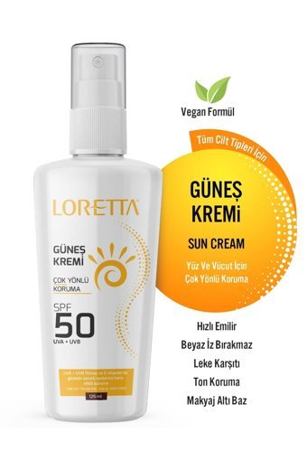 Loretta Renkli 50 Faktör Tüm Ciltler İçin Leke Karşıtı Nemlendirici Kapatıcılı Suya Dayanıklı Yüz Güneş Kremi 50 ml