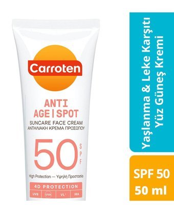 Carroten Anti Age Spot 50 Faktör Tüm Ciltler İçin Nemlendirici Suya Dayanıklı Yüz ve Vücut Güneş Kremi 50 ml