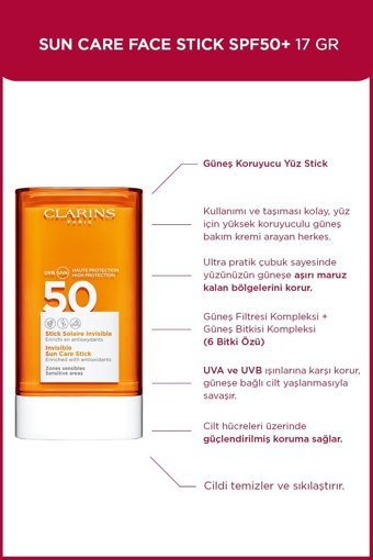 Clarins Sun Care Stick 50 Faktör Hassas Ciltler İçin Nemlendirici Suya Dayanıklı Yüz Güneş Kremi 50 ml