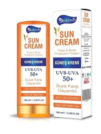 Bellomix Sun Cream 50 Faktör Tüm Ciltler İçin Leke Karşıtı Nemlendirici Yağsız Suya Dayanıklı Yüz ve Vücut Güneş Kremi 100 ml