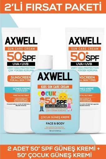 Axwell 50 Faktör Tüm Ciltler İçin Leke Karşıtı Nemlendirici Suya Dayanıklı Yüz Güneş Kremi 3x50 ml