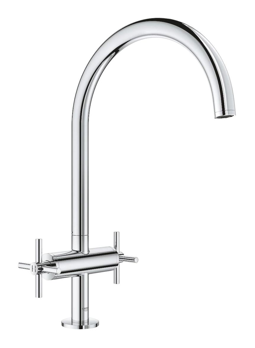 Grohe Atrio-30362000 Kuğu Çift Girişli Çevirmeli Eviye Bataryası Gümüş