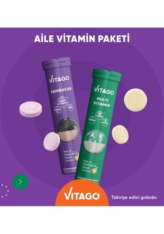 Vitago Sambucus Vitamin C Çinko + Multivitamin Ginseng Karamürverli Yetişkin Vitamin 20 Tablet