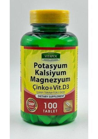 Vitapol Potasyum Kalsiyum Magnezyum Çinko Vitamin D3 Aromasız Yetişkin Vitamin 100 Tablet