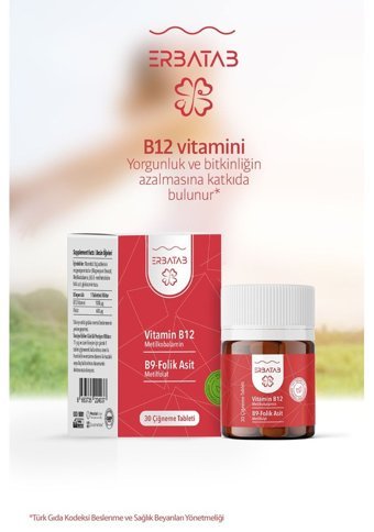 Erbatab Vitamin B12 Folik Asit B9 Aromasız Yetişkin Vitamin 30 Tablet