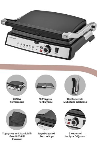 Goldmaster Gralux 6 Dilim Granit Çıkartılabilir Plaka Tek Yönlü 2000 W Izgaralı Siyah Tost Makinesi/Waffle ve Tost Makinesi