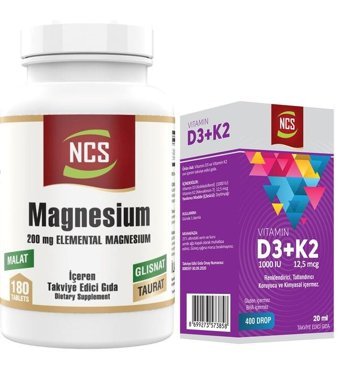 Ncs Magnesium Malat Glisinat Taurat - Vitamin D3K2 Aromasız Yetişkin Vitamin 180 Tablet - 20 ml