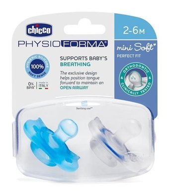 Chicco Physioforma 2-6 Ay Ortodontik Damaklı Silikon 2'li Emzik Beyaz-Mavi