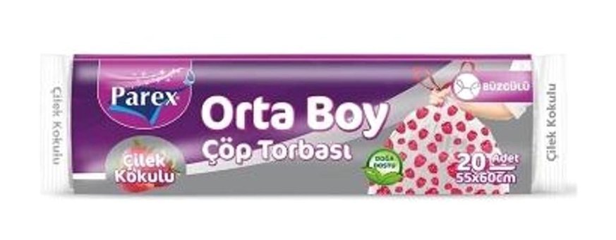 Parex Çilek Kokulu Büzgülü Şeffaf Orta Boy 55x60 cm Çöp Poşeti 6x20 Adet Kırmızı-Beyaz