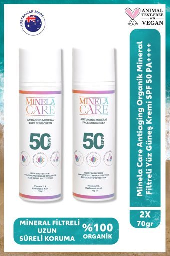 Minela Care 100% Organik Renkli 50 Faktör Tüm Ciltler İçin Leke Karşıtı Nemlendiricili Yağsız Suya Dayanıklı Yüz Güneş Kremi 2x70 ml