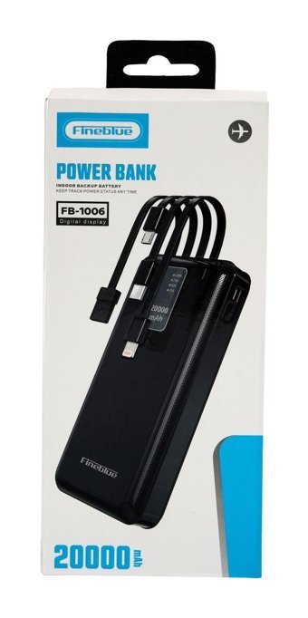 Fineblue FB-1006 20000 mAh Hızlı Şarjlı Dijital Göstergeli Type C - USB Çoklu Bağlantılı Kablolu Powerbank Siyah