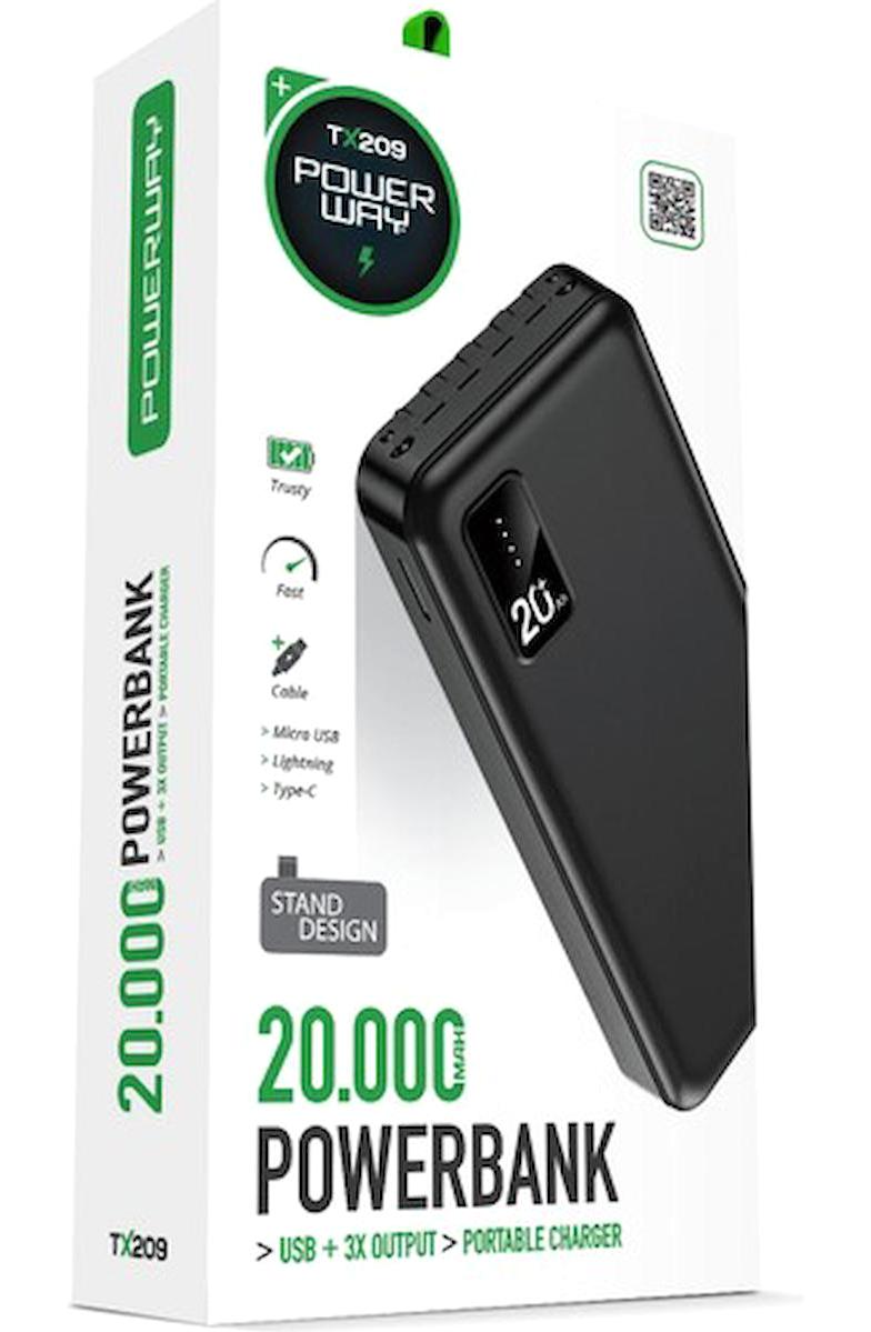 Powerway TX209 20000 mAh Hızlı Şarjlı Dijital Göstergeli USB Çoklu Bağlantılı Kablolu Powerbank Siyah