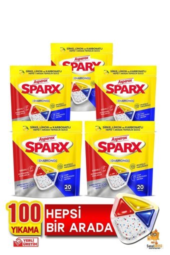 Asperox Sparx Diamond Limon Sirke Kokulu Tablet Bulaşık Makinesi Deterjanı 5x20 Adet