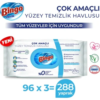 Bingo Pratik Beyaz Sabun Kokulu 96 Yaprak 3'lü Paket Yüzey Temizleme Mendili