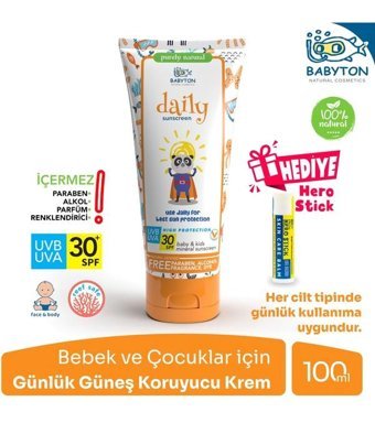 Babyton 30 Faktör Hassas Ciltler İçin Suya Dayanıklı Bebek Yüz ve Vücut Güneş Kremi 100 ml