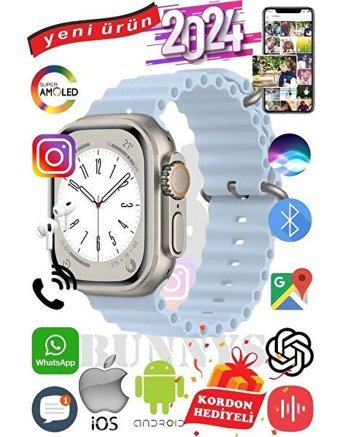 Rabbit Store Watch 9 Pro Tansiyon Ölçen Kulaklıklı Unisex Kare 45 mm Beyaz Naylon Örgü Akıllı Saat