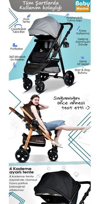 Baby Home Çift Yönlü Katlanır 360 Derece Dönebilen Tam Yatar Travel Sistem Bebek Arabası Altın-Siyah