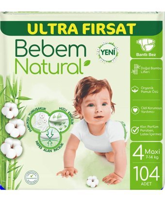 Bebem Natural Ultra Fırsat Paketi 4 Numara Organik Bantlı Bebek Bezi 104 Adet