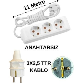 Avarson 3x2.5 TTR 3500 W Topraklı 3'lü 11 m Uzatma Kablosu Beyaz