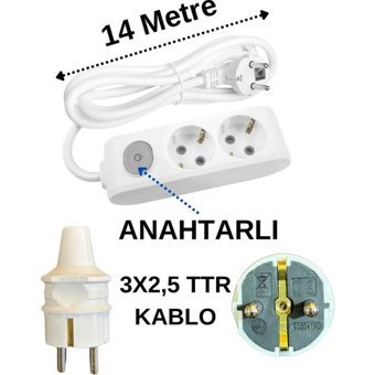 Avarson 3x2.5 TTR 3500 W Topraklı Anahtarlı 2'li 14 m Uzatma Kablosu Beyaz