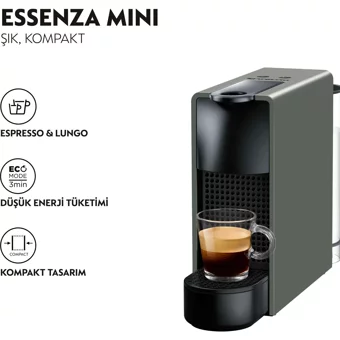 Nespresso Essenza Mini C30 Grey 1450 W 0.9 lt Kapasiteli Süt Köpürtücülü Espresso Kapsül Kahve Makinesi