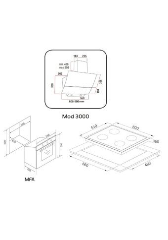 Alveus Kapadokya MFA 614 - Vitro 641 - MOD 3000 Dokunmatik Elektrikli Cam Klasik Set Üstü Davlumbaz 3'lü Ankastre Set Siyah