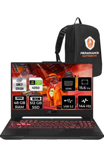 Asus TUF Gaming F15 LP261 Harici GeForce RTX 4050 Intel Core i7 13620H 48 GB DDR4 512 GB SSD 15.6 inç FHD Freedos Gaming Laptop PER4 ÇANTA