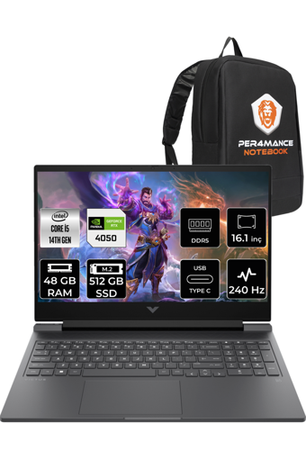 HP Victus 16 9J204EA Harici GeForce RTX 4050 Intel Core i5 14500HX 48 GB DDR5 512 GB SSD 16.1 inç QHD Freedos Gaming Laptop PER4 ÇANTA