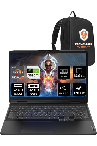 Lenovo Ideapad 3 82SB00NWTX Harici GeForce RTX 3050 Ti AMD Ryzen 7 6800H 32 GB DDR5 512 GB SSD 15.6 inç FHD Freedos Gaming Laptop PER4 ÇANTA