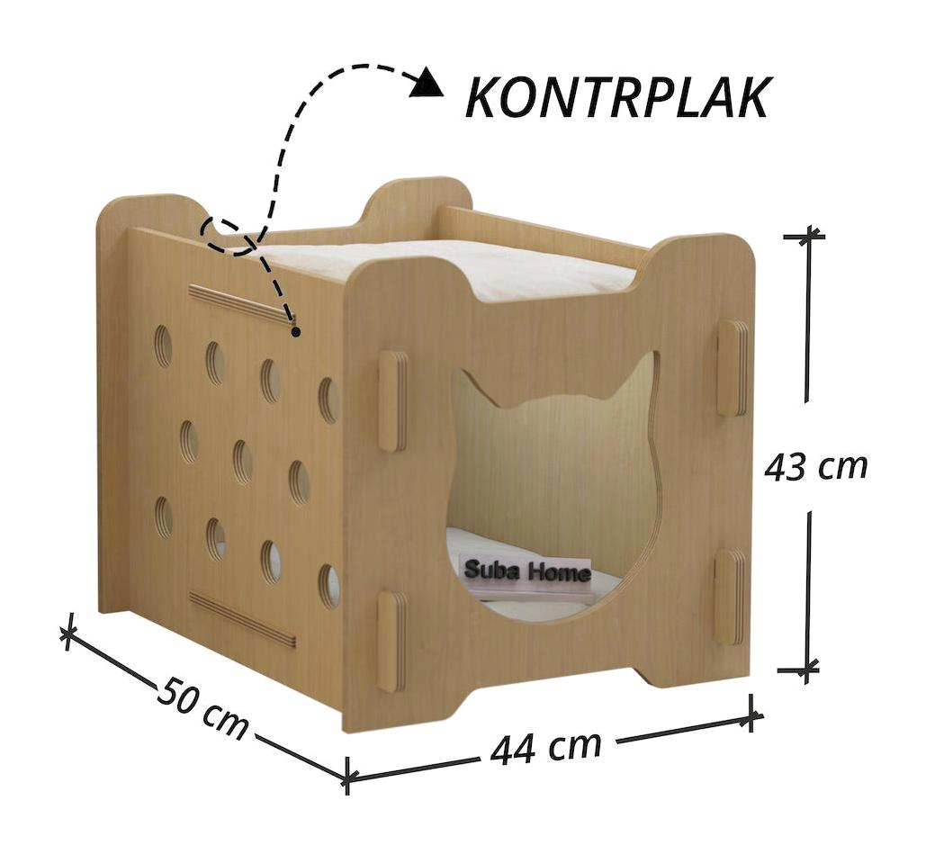 Suba Dikdörtgen Tek Katlı İç Mekan Ahşap Kedi Evi Açık Kahverengi