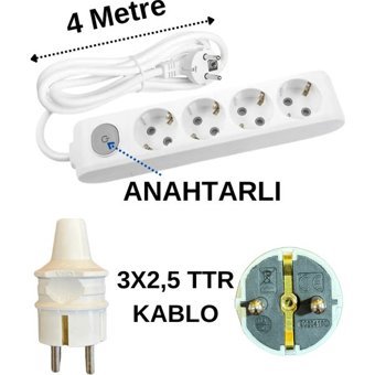 Avarson Kalın Topraklı Anahtarlı 4'lü 4 m Uzatma Kablosu Beyaz