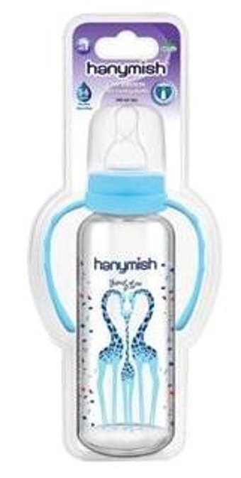 Hanymish 402 Cam Yavaş Akışlı Kulplu 0-6 Ay Desenli Mavi Biberon 240 ml