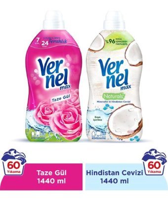 Vernel Max Konsantre Hindistan Cevizi - Taze Gül 60 Yıkama Yumuşatıcı 2x1.44 lt