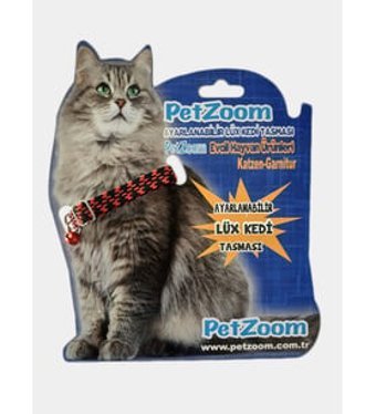 Petzoom Zilli Kırmızı-Siyah Gezdirme Boyun Kedi Tasması